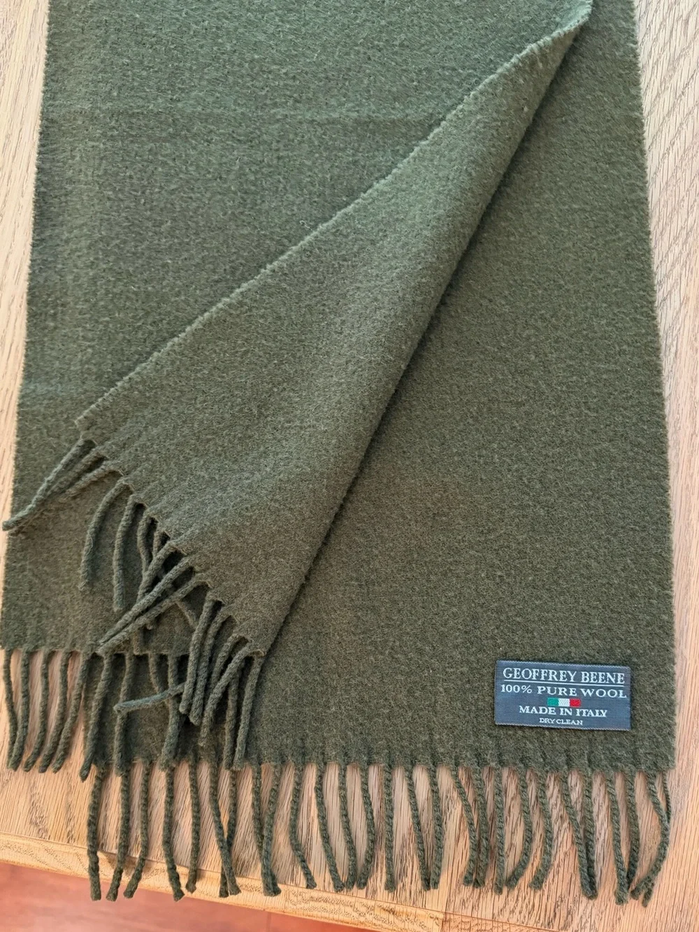 Geoffrey Beene Olive Green Solid Wool Fringe Woven Rectangle Scarf Women